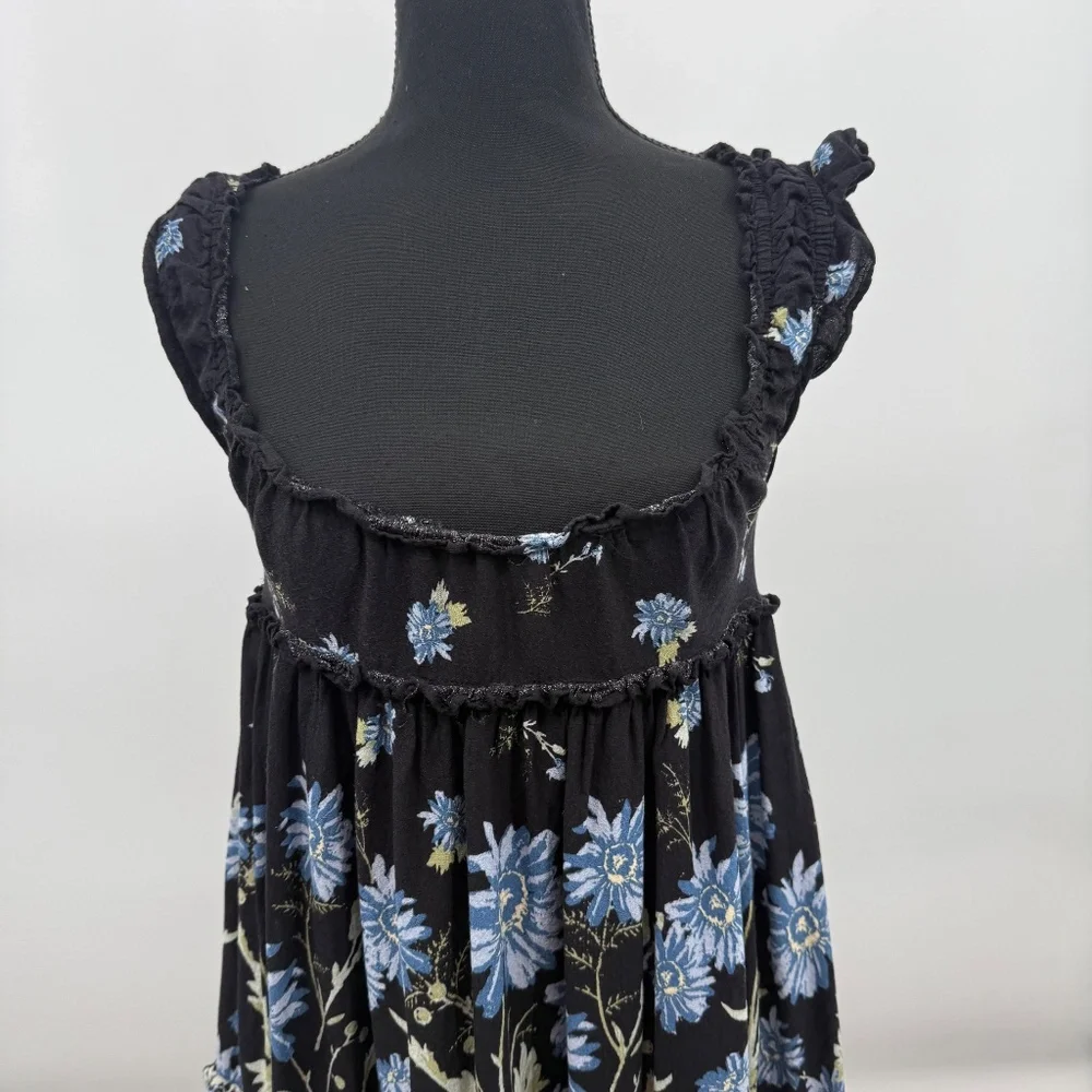 Intimately Free People Dress Women Small Black Blue Floral Slip Ruffle ScoopNeck